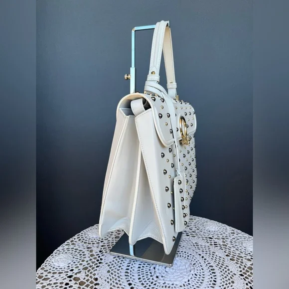 •••SOLD•••Retailed $3550 Versace Calfskin Studded DV Satchel White Bag - Picture 7 of 17